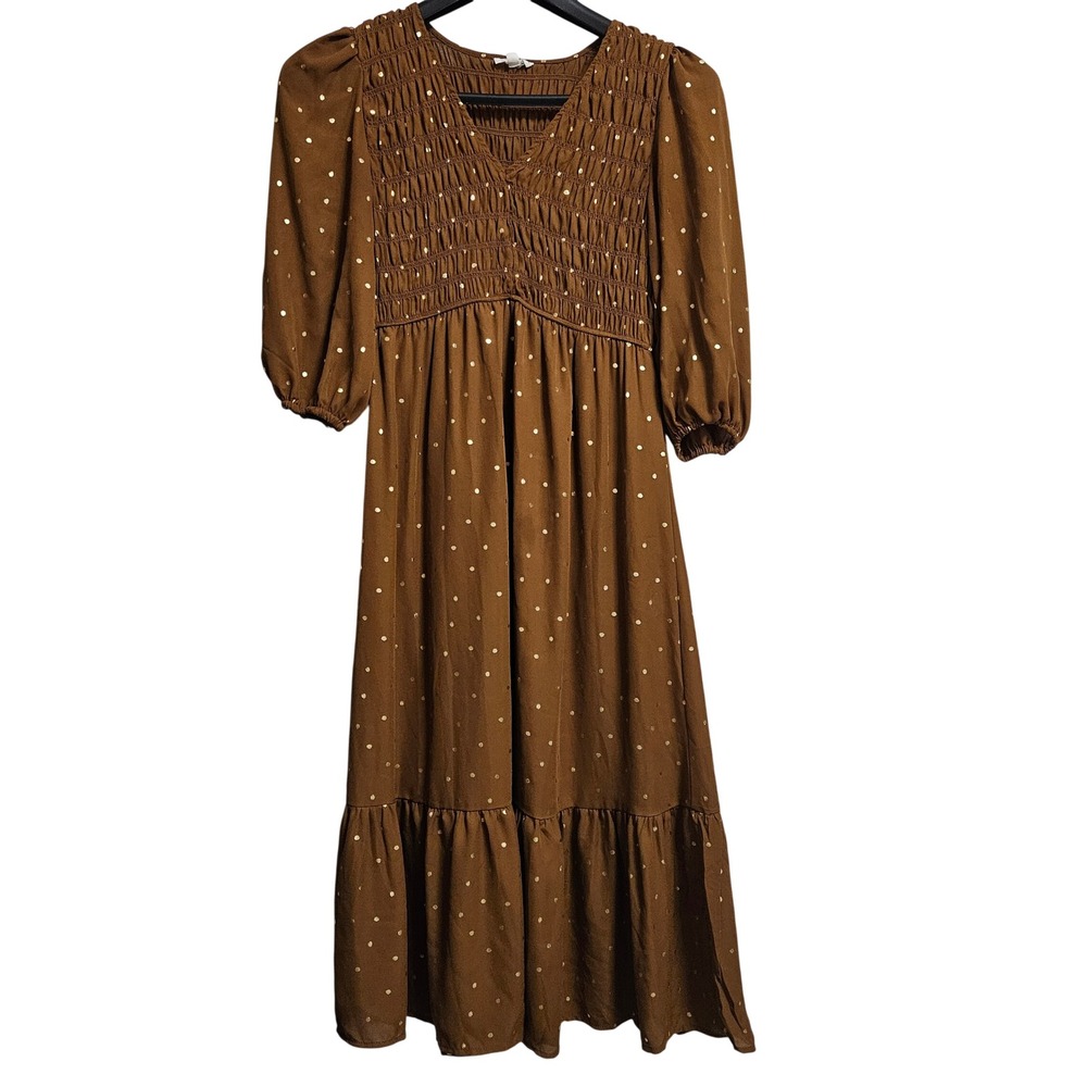By The River Midi Dress Womens Med Brown Gold Polka Dot Smocked Boho Ruffle